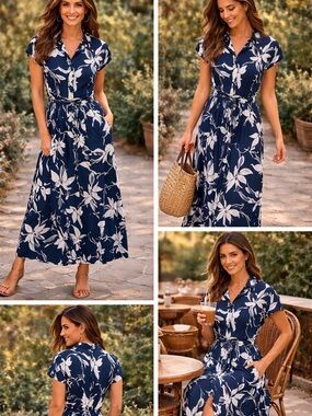 Ophelia Roe Womens Blue/White Leaf Print Shirt Dress 1/2 Elastic Waist & Belt Lg